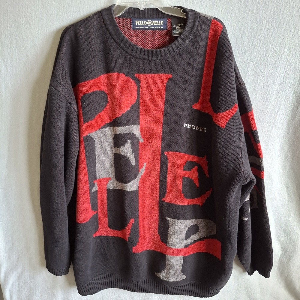 Vintage‎ Pelle Pelle Marc Buchanan Knit Sweater 3XL Big Logo 90s Red Black Baggy